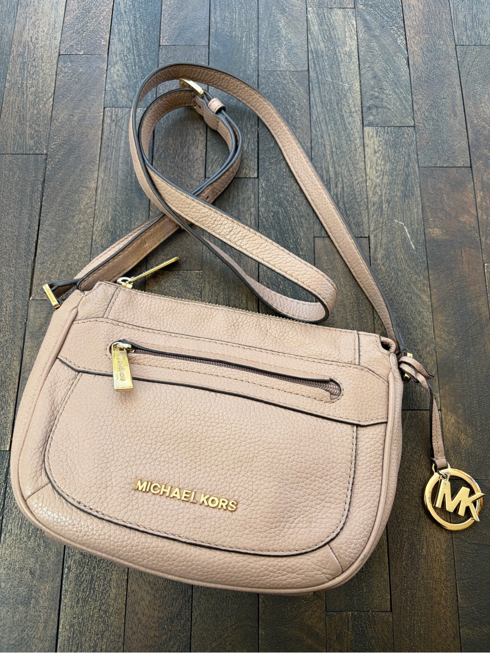 Michael Kors Blush Pebbled Leather Crossbody Bag with Gold Hardware and charm